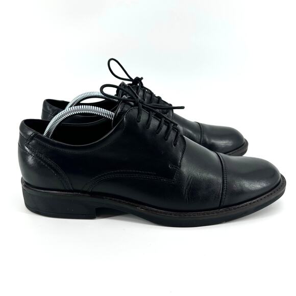 Ecco Biarritz Shoe Men 9 Black Leather Oxford Cap Toe Lace‎ Up Comfort Office - Picture 2 of 9